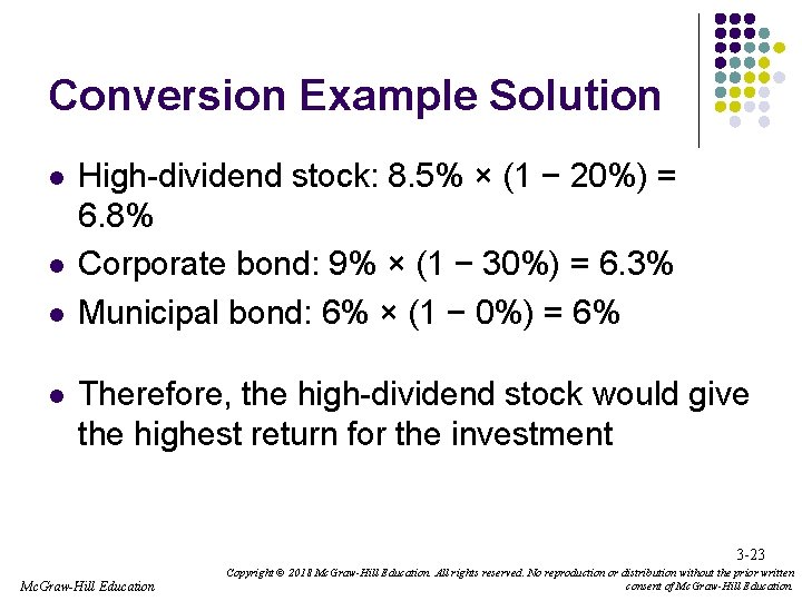 Conversion Example Solution l l High-dividend stock: 8. 5% × (1 − 20%) =