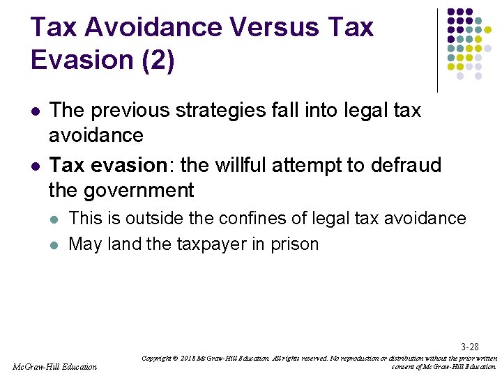 Tax Avoidance Versus Tax Evasion (2) l l The previous strategies fall into legal Tax Avoidance Versus Tax Evasion (2) l l The previous strategies fall into legal