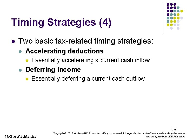 Timing Strategies (4) l Two basic tax-related timing strategies: l Accelerating deductions l l Timing Strategies (4) l Two basic tax-related timing strategies: l Accelerating deductions l l