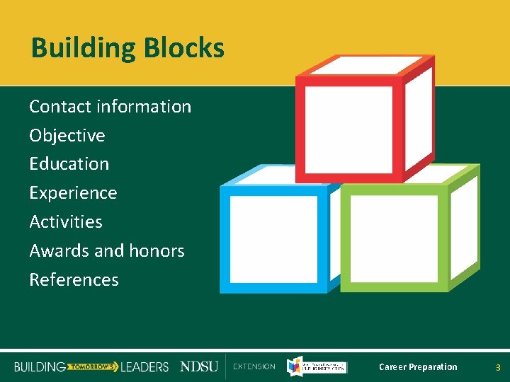 Building Blocks Contact information Objective Education Experience Activities Awards and honors References Career Preparation