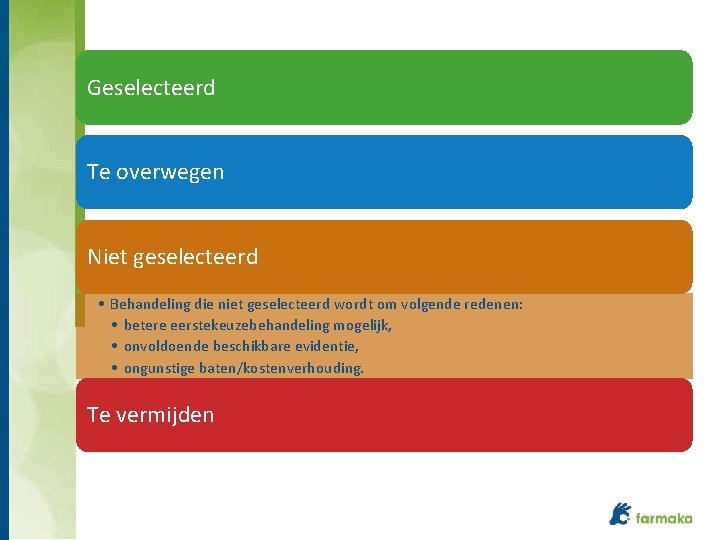 Geselecteerd Te overwegen Niet geselecteerd • Behandeling die niet geselecteerd wordt om volgende redenen: