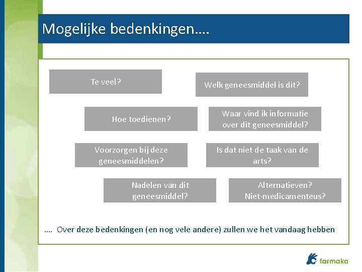 Mogelijke bedenkingen…. Te veel? Welk geneesmiddel is dit? Hoe toedienen? Waar vind ik informatie