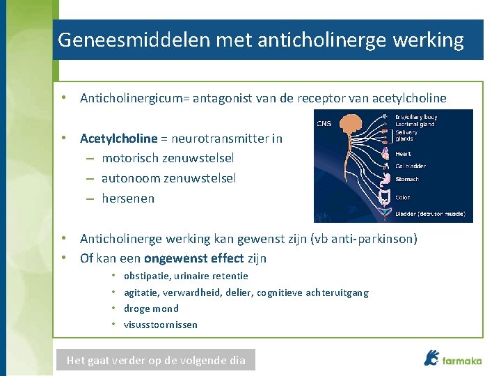 Geneesmiddelen met anticholinerge werking • Anticholinergicum= antagonist van de receptor van acetylcholine • Acetylcholine