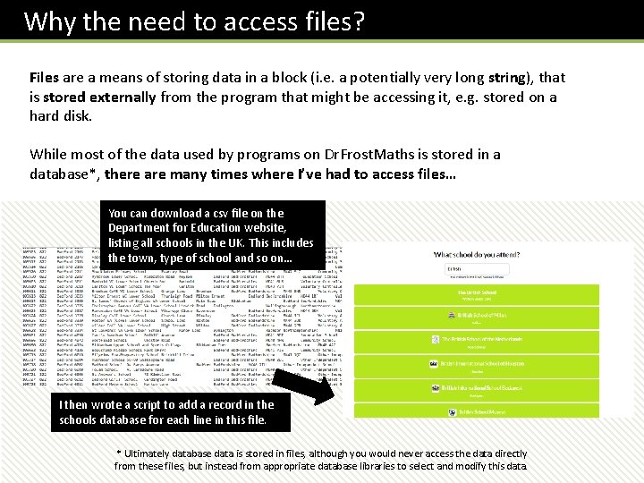 Why the need to access files? Files are a means of storing data in