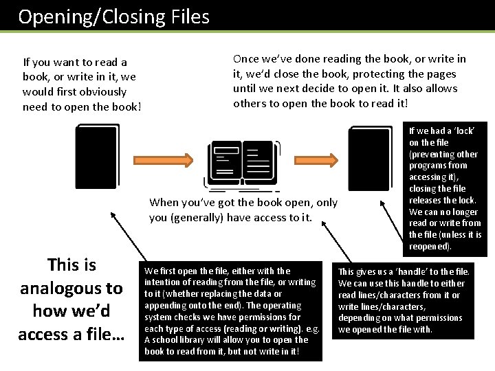 Opening/Closing Files If you want to read a book, or write in it, we