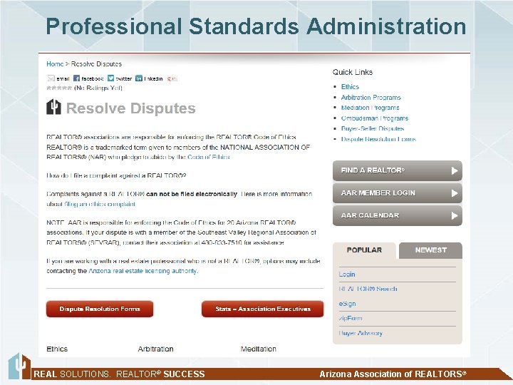 Professional Standards Administration REAL SOLUTIONS. REALTOR® SUCCESS Arizona Association of REALTORS® 
