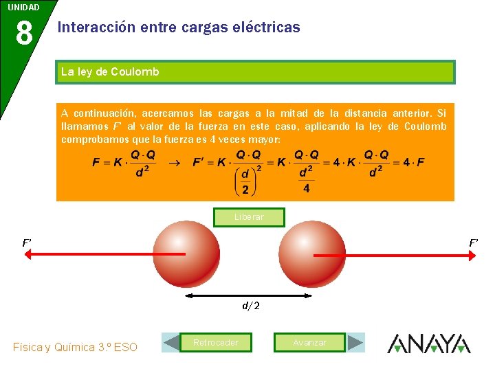 UNIDAD 8 Interacción entre cargas eléctricas La ley de Coulomb A continuación, acercamos las