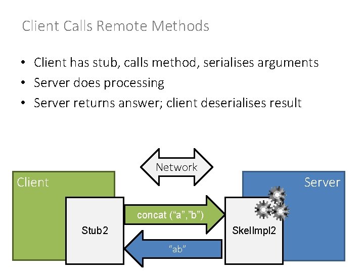 Client Calls Remote Methods • Client has stub, calls method, serialises arguments • Server
