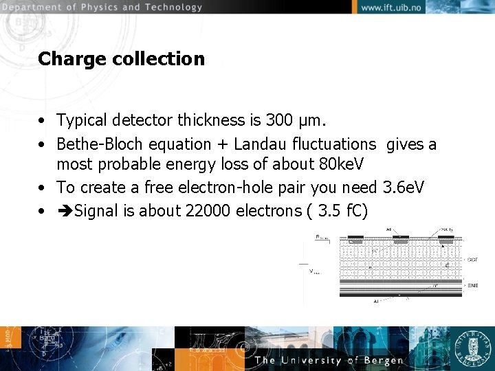 Charge collection • Typical detector thickness is 300 µm. • Bethe-Bloch equation + Landau