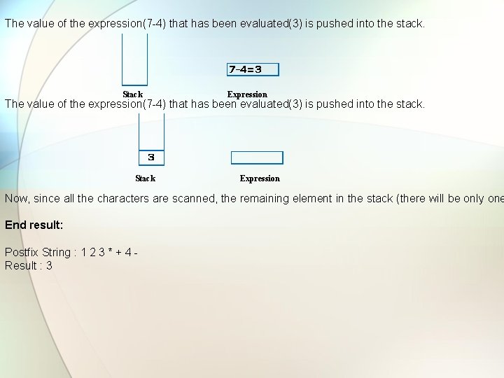The value of the expression(7 -4) that has been evaluated(3) is pushed into the