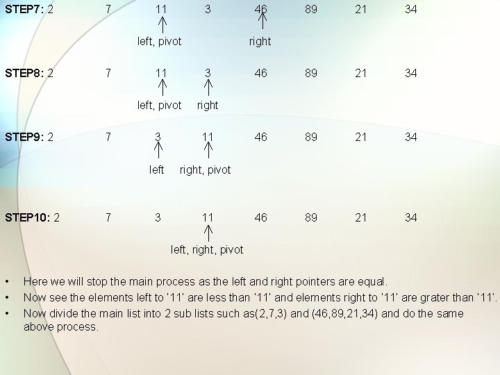 STEP 7: 2 7 11 3 46 89 left, pivot right 21 34 STEP