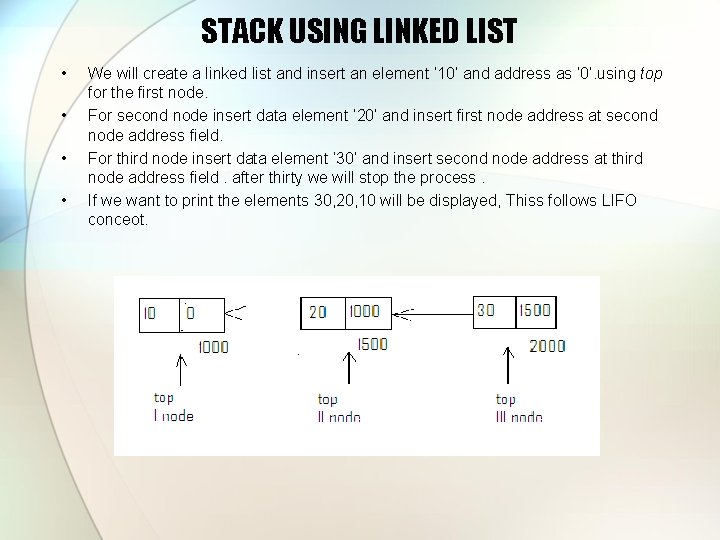 STACK USING LINKED LIST • • We will create a linked list and insert