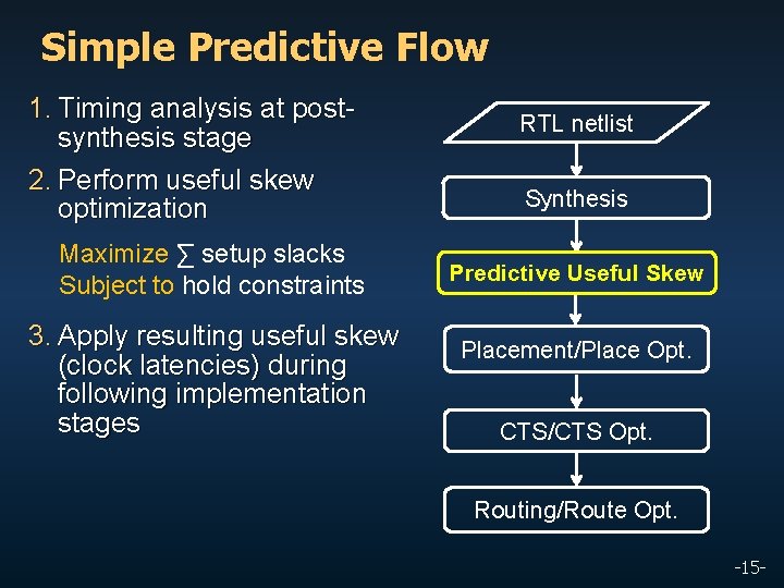 Simple Predictive Flow 1. Timing analysis at postsynthesis stage 2. Perform useful skew optimization