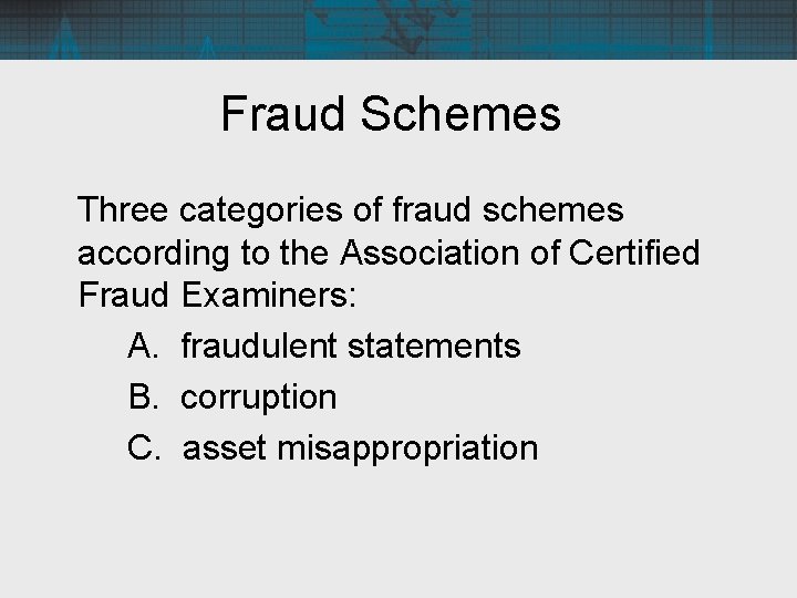 Fraud Schemes Three categories of fraud schemes according to the Association of Certified Fraud