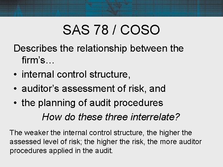 SAS 78 / COSO Describes the relationship between the firm’s… • internal control structure,