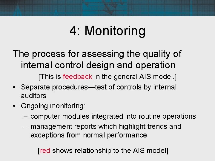 4: Monitoring The process for assessing the quality of internal control design and operation