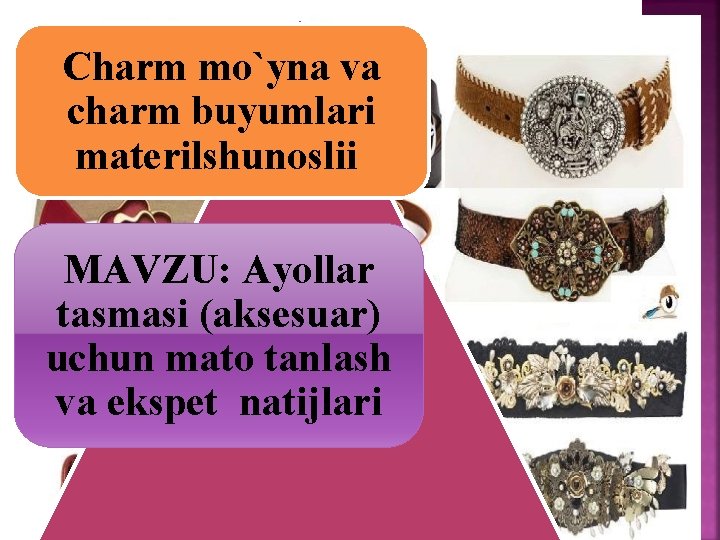 Charm mo`yna va charm buyumlari materilshunoslii MAVZU: Ayollar tasmasi (aksesuar) uchun mato tanlash va