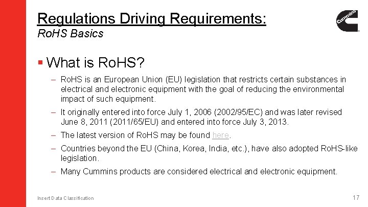 Regulations Driving Requirements: Ro. HS Basics § What is Ro. HS? – Ro. HS Regulations Driving Requirements: Ro. HS Basics § What is Ro. HS? – Ro. HS
