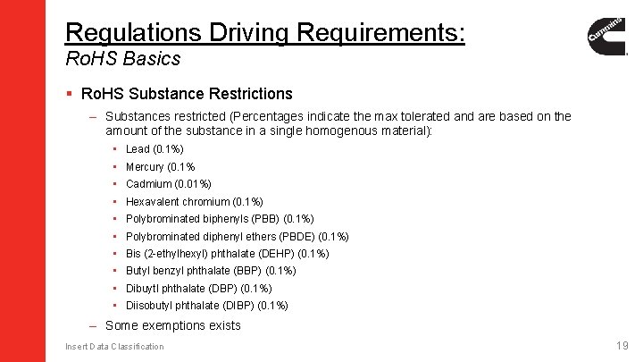 Regulations Driving Requirements: Ro. HS Basics § Ro. HS Substance Restrictions – Substances restricted Regulations Driving Requirements: Ro. HS Basics § Ro. HS Substance Restrictions – Substances restricted
