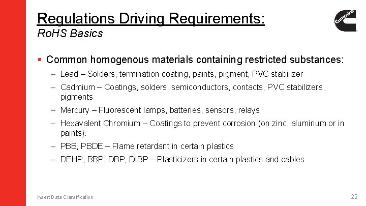 Regulations Driving Requirements: Ro. HS Basics § Common homogenous materials containing restricted substances: – Regulations Driving Requirements: Ro. HS Basics § Common homogenous materials containing restricted substances: –