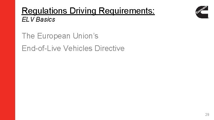 Regulations Driving Requirements: ELV Basics The European Union’s End-of-Live Vehicles Directive 29 Regulations Driving Requirements: ELV Basics The European Union’s End-of-Live Vehicles Directive 29