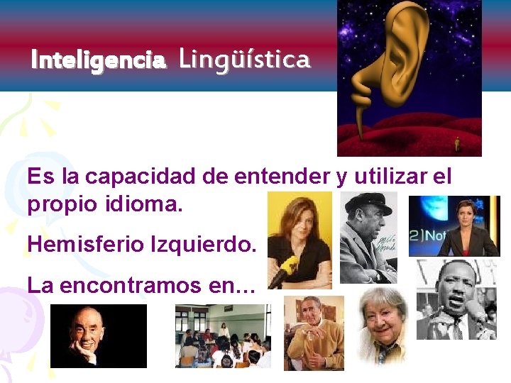 Inteligencia Lingüística Es la capacidad de entender y utilizar el propio idioma. Hemisferio Izquierdo.