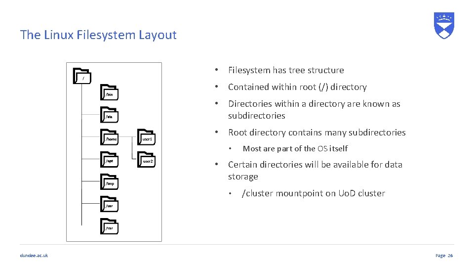 The Linux Filesystem Layout • Filesystem has tree structure • Contained within root (/) The Linux Filesystem Layout • Filesystem has tree structure • Contained within root (/)