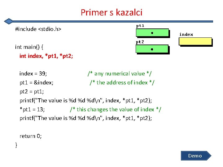 Primer s kazalci #include <stdio. h> int main() { int index, *pt 1, *pt