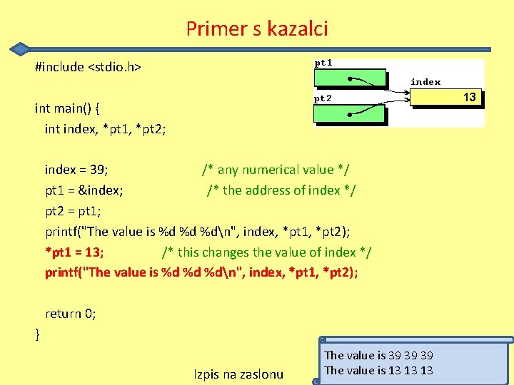 Primer s kazalci #include <stdio. h> int main() { int index, *pt 1, *pt