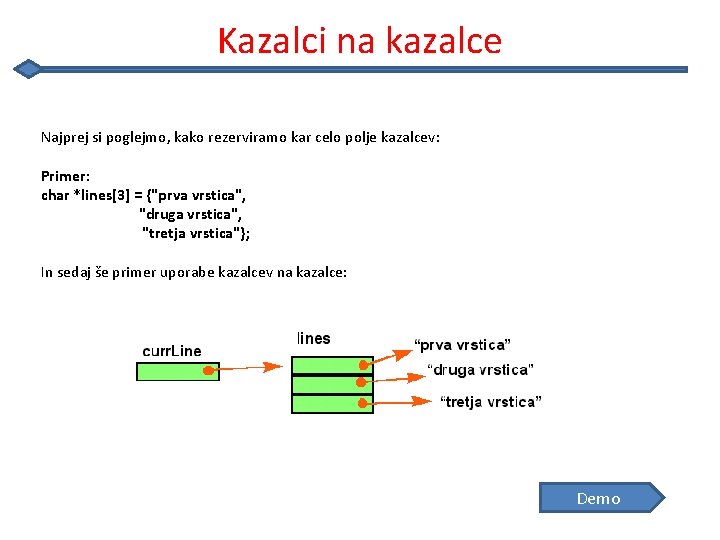 Kazalci na kazalce Najprej si poglejmo, kako rezerviramo kar celo polje kazalcev: Primer: char