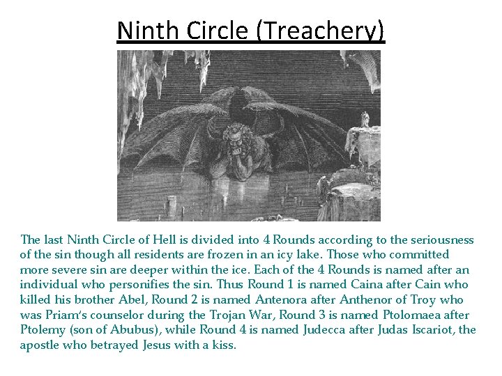 Ninth Circle (Treachery) The last Ninth Circle of Hell is divided into 4 Rounds