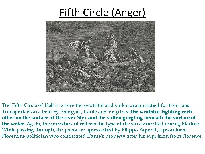 Fifth Circle (Anger) The Fifth Circle of Hell is where the wrathful and sullen