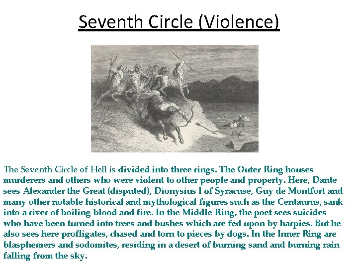 Seventh Circle (Violence) The Seventh Circle of Hell is divided into three rings. The