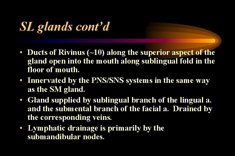 SL glands cont’d • Ducts of Rivinus (~10) along the superior aspect of the