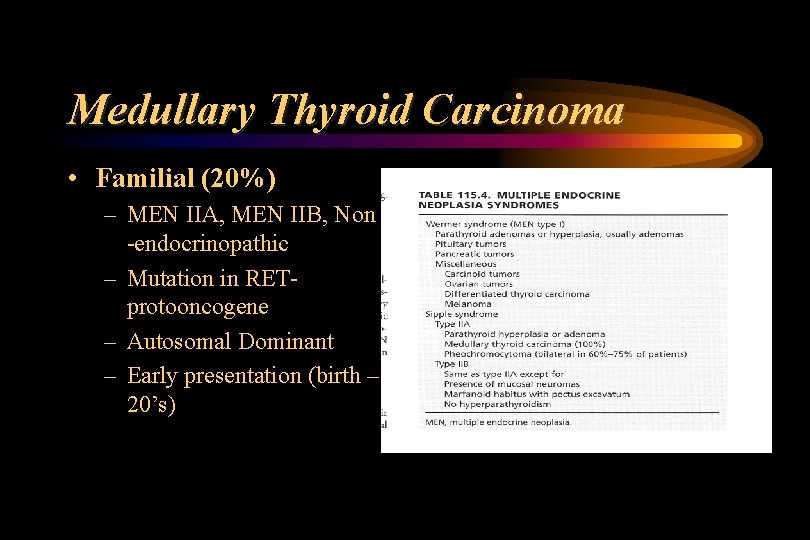 Medullary Thyroid Carcinoma • Familial (20%) – MEN IIA, MEN IIB, Non -endocrinopathic –