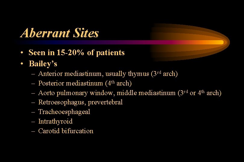 Aberrant Sites • Seen in 15 -20% of patients • Bailey’s – – –