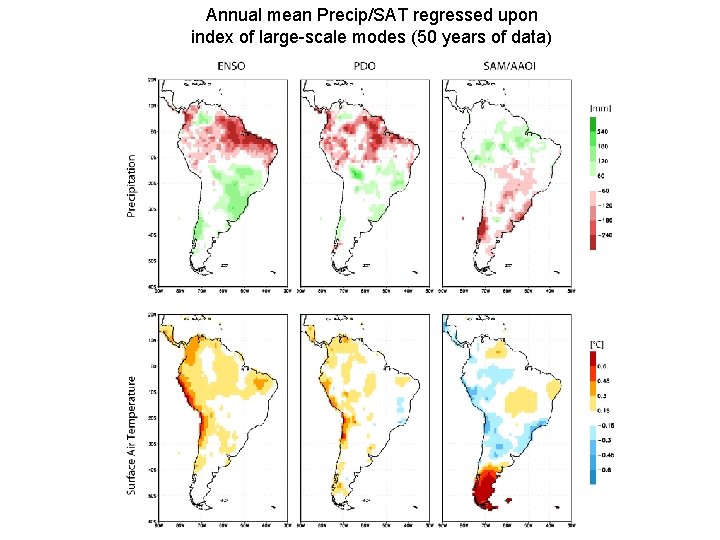 Annual mean Precip/SAT regressed upon index of large-scale modes (50 years of data) 