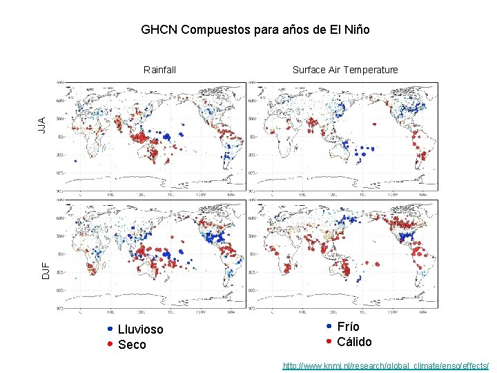 GHCN Compuestos para años de El Niño Surface Air Temperature DJF JJA Rainfall Lluvioso