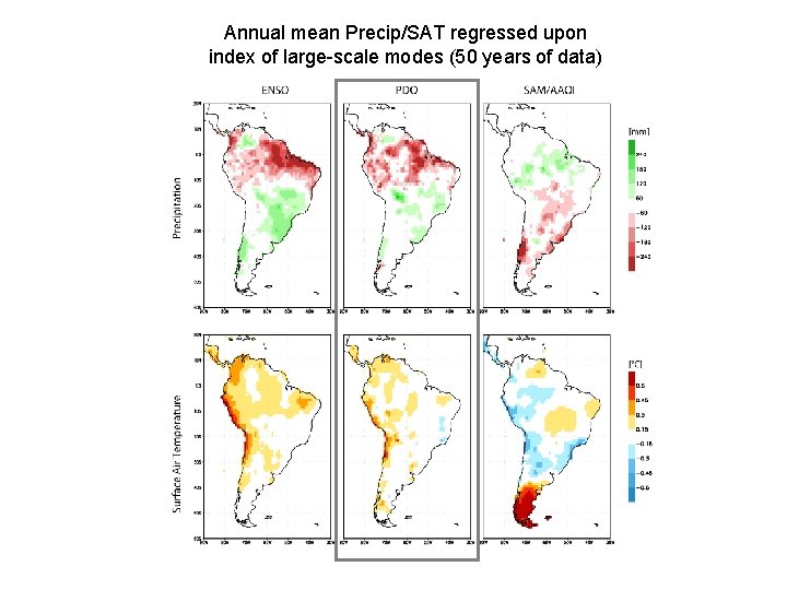 Annual mean Precip/SAT regressed upon index of large-scale modes (50 years of data) 