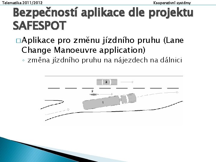 Telematika 2011/2012 Kooperativní systémy Bezpečností aplikace dle projektu SAFESPOT � Aplikace pro změnu jízdního