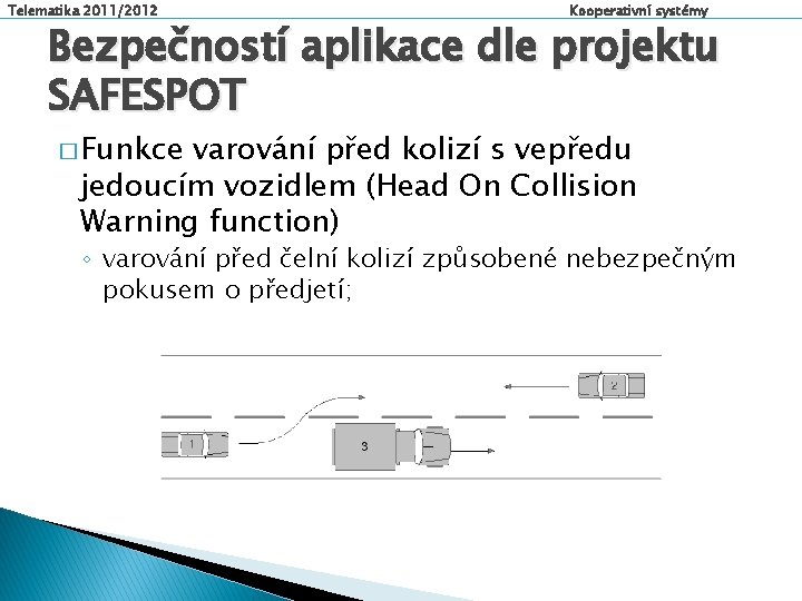 Telematika 2011/2012 Kooperativní systémy Bezpečností aplikace dle projektu SAFESPOT � Funkce varování před kolizí