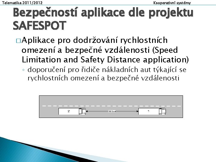 Telematika 2011/2012 Kooperativní systémy Bezpečností aplikace dle projektu SAFESPOT � Aplikace pro dodržování rychlostních