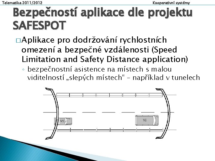 Telematika 2011/2012 Kooperativní systémy Bezpečností aplikace dle projektu SAFESPOT � Aplikace pro dodržování rychlostních