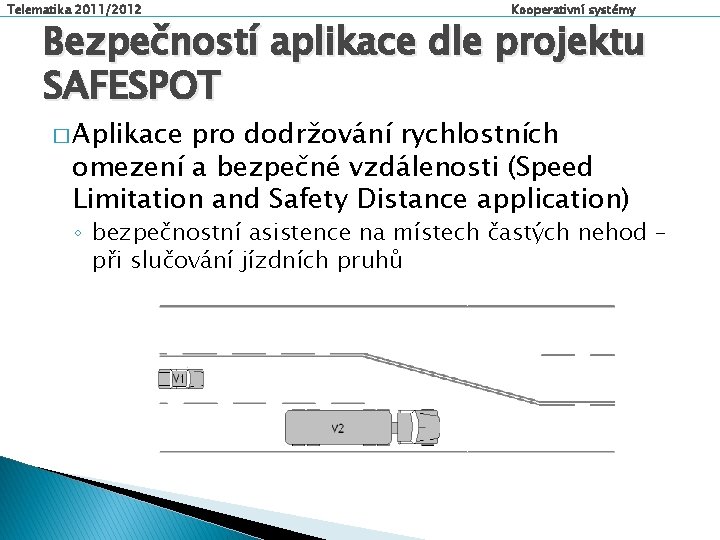 Telematika 2011/2012 Kooperativní systémy Bezpečností aplikace dle projektu SAFESPOT � Aplikace pro dodržování rychlostních