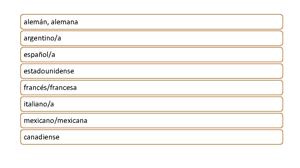 alemán, alemana argentino/a español/a estadounidense francés/francesa italiano/a mexicano/mexicanadiense 