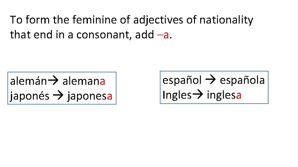 To form the feminine of adjectives of nationality that end in a consonant, add