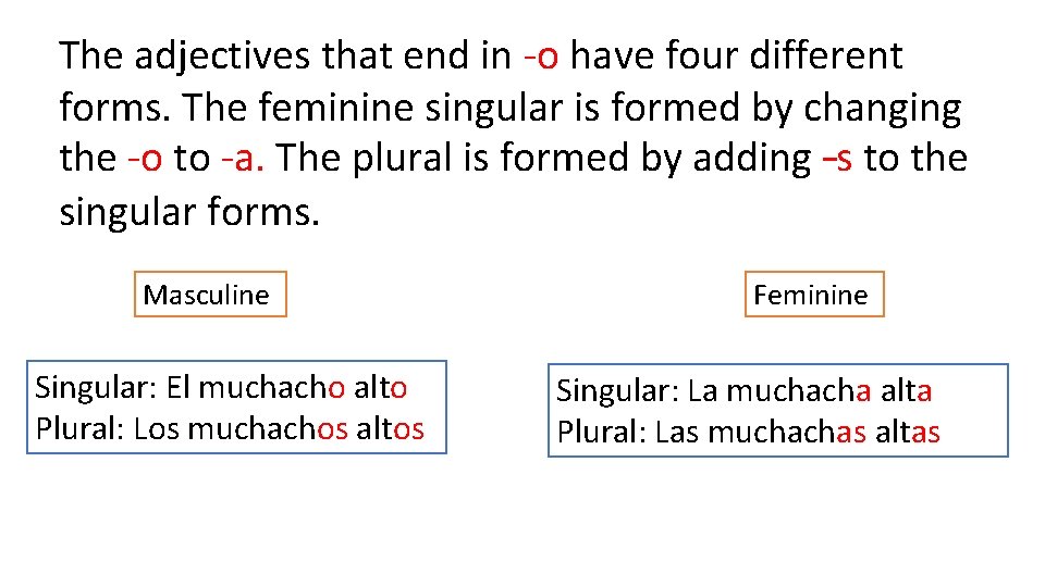 The adjectives that end in -o have four different forms. The feminine singular is