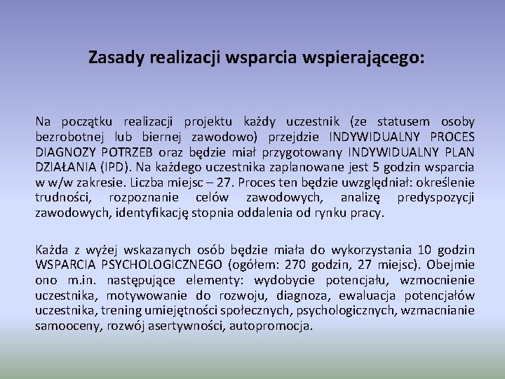 Zasady realizacji wsparcia wspierającego: Na początku realizacji projektu każdy uczestnik (ze statusem osoby bezrobotnej