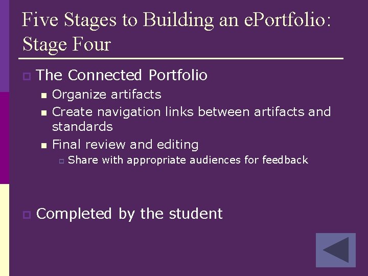 Five Stages to Building an e. Portfolio: Stage Four p The Connected Portfolio n