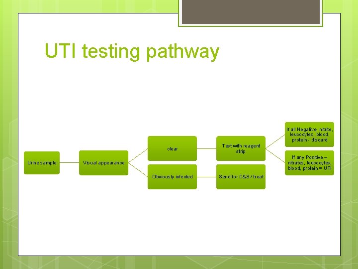 UTI testing pathway If all Negative- nitrite, leucocytes, blood, protein - discard clear Urine